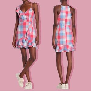 Parker Flynn Sleeveless Check Red Blue Pink Plaid Ruffle Mini Dress Linen Blend